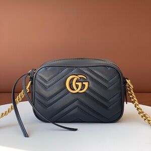 Gucci Black Quilted GG Marmont Camera Crossbody with Gold Hardware